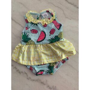 Baby Girls Sleeveless Watermelon & Pineapple Print Romper With Yellow Gingham Sk